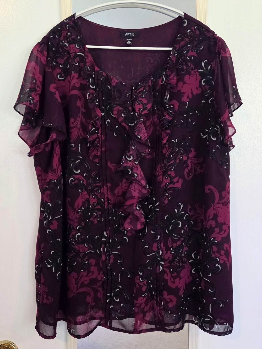 Apt. 9 Women’s 2X Plum Damask Ruffle Flutter Sleeve Blouse